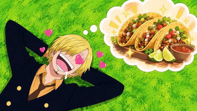 An anime-style illustration of a blonde character with heart eyes drooling, dreaming of a thought bubble filled with tacos and salsa.