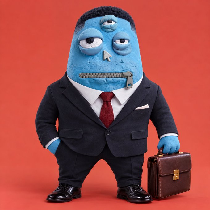 A blue three-eyed claymation-style monster character dressed in a black business suit with a red tie, holding a brown briefcase against an orange background.