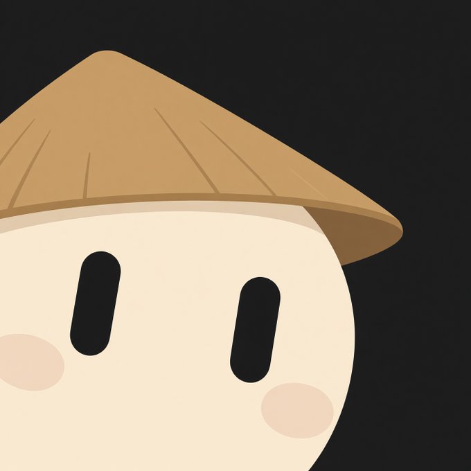 A minimalist illustration of a cute character with a beige conical straw hat and simple black oval eyes on a dark background.
