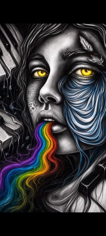 A stylized digital artwork of a woman's face with striking yellow eyes, featuring a rainbow stream flowing from her mouth and intricate blue and black details.