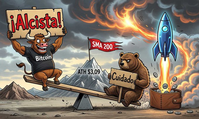 A cartoon illustration featuring a bull labeled 'Bitcoin' holding a sign saying '¡Alcista!' on a seesaw against a bear holding a 'Cuidado' sign, with flags reading 'SMA 200' and 'ATH $3.09' against a mountain backdrop and a rocket launching from a wallet.