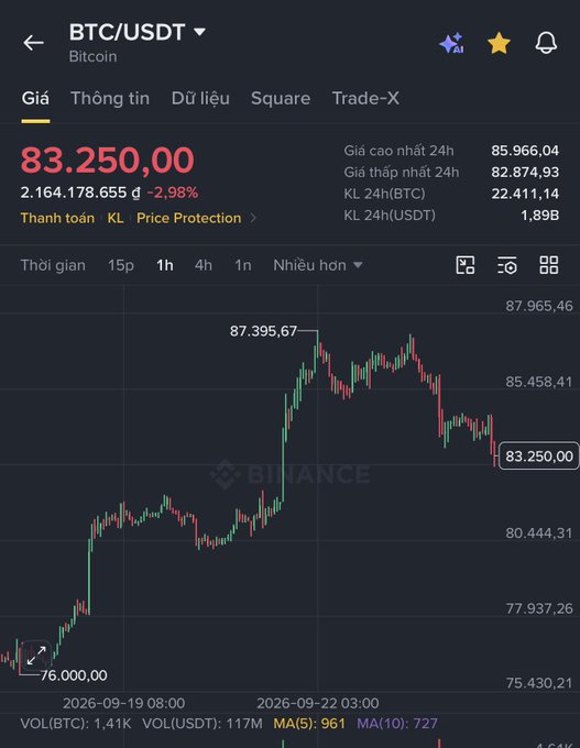 A Binance BTC/USDT trading chart showing Bitcoin at 83.250,00 USDT, down 2.98%, with a 24h high of 85.966,04 and low of 82.874,93.