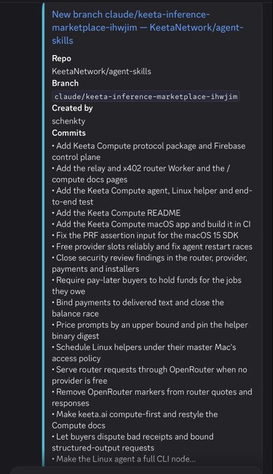 A code commit log on a dark background titled "New branch claude/keeta-inference-marketplace-ihwjim" from a repository "KeetaNetwork/agent-skills" by user "schenkty", detailing various feature additions for the Keeta Compute network.