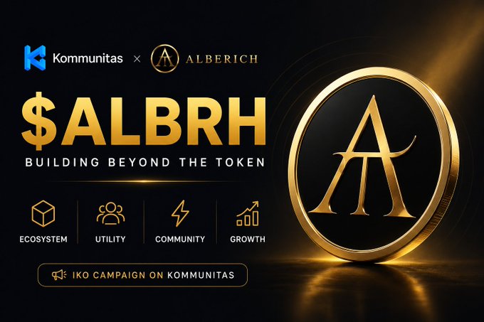 A promotional graphic for the $ALBRH token IKO campaign on Kommunitas by Alberich, featuring a large golden coin with the 'A' logo and icons highlighting Ecosystem, Utility, Community, and Growth.
