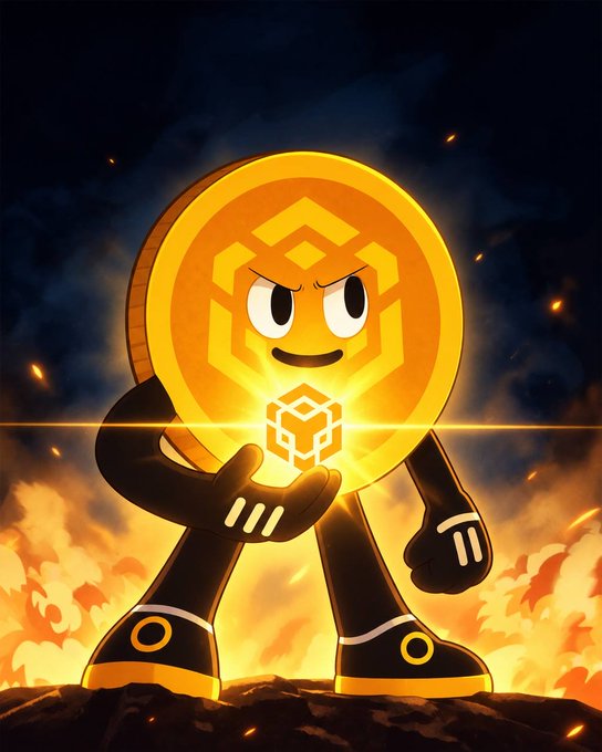 A digital illustration of a cartoonish orange BNB (Binance Coin) mascot character holding a glowing cube, standing against a fiery background.