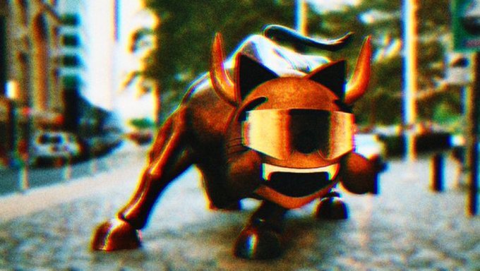 A bronze-colored toy bull wearing sunglasses charges forward in a stylized, grainy street scene with a vintage film aesthetic. The aggressive, forward-charging pose visually reinforces the "MOG market loading" theme, symbolizing bullish momentum and anticipation of a market surge.
