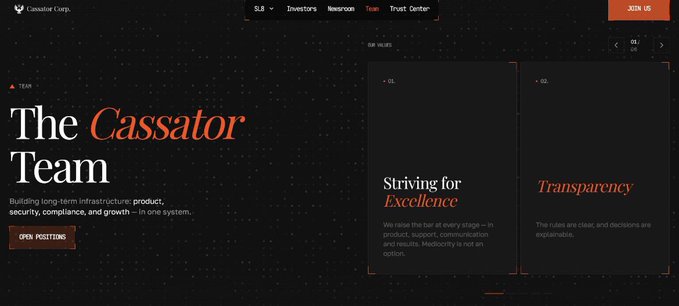The image displays the Cassator Team webpage, featuring sections titled "Striving for Excellence" and "Transparency," with values 01 and 02 highlighted. While the image itself showcases the company's team page, the accompanying post discusses Sl8's staking options for $USDC and $SSLX, showing a disconnect between the visual content and the text about staking rewards.
