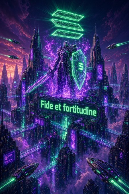 A vibrant cyberpunk-style digital artwork depicting an armored figure with a glowing green shield standing atop a futuristic neon city, with a prominent banner displaying the Latin phrase "Fide et fortitudine".