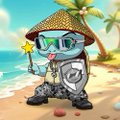 A cartoon character in a beach/surfer theme wearing a straw hat, sunglasses, holding a star wand, with a metallic/silver body design, set against a tropical beach background.