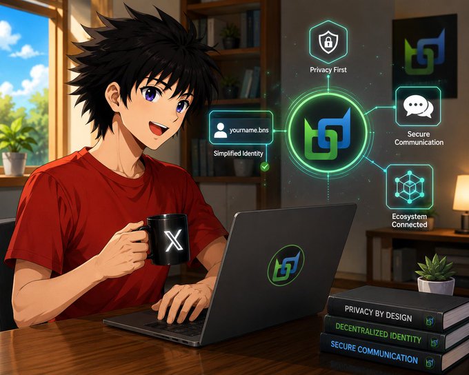 An anime-style character smiles while working on a laptop, surrounded by a futuristic holographic display highlighting Beldex's BNS (yourname.bns) features: "Privacy First," "Secure Communication," and "Ecosystem Connected," with stacked books labeled "PRIVACY BY DESIGN," "DECENTRALIZED IDENTITY," and "SECURE COMMUNICATION" reinforcing the post's message about BNS simplifying wallet addresses into human-readable names within the Beldex ecosystem.