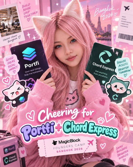 A pink-themed promotional graphic titled 'Cheering for Portfi + Chord Express' by MagicBlock for the Founders Camp Bangkok 2026, featuring a person with pink hair and cat ears.