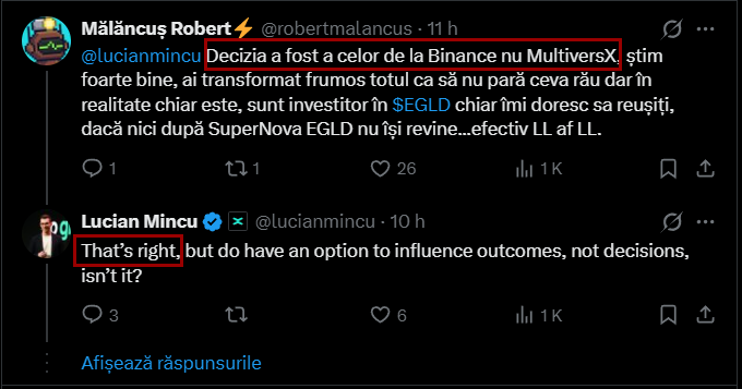 The image shows a screenshot of a Twitter conversation between two people discussing Bitcoin trading. The main topic is about the Delistaction of EGLD/BTC from Bitcoin by Binance. It's important for the viewer to focus on this context as it provides information on what happened, and how it relates to the conversation happening in the post.