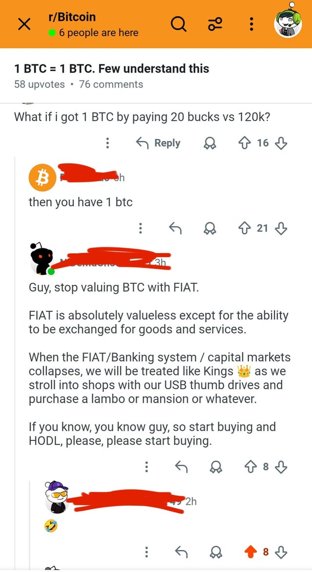 The image shows an orange text box with red text, which appears to be a message or a post related to Bitcoin. The text includes phrases such as "Value of a buttcoin no matter what value is just hold and it' s just you go and buy all when all dead economy gg apocalypse now because it's down yes but when it' s up it does matter and good that it' s a lot of fiat in value as said before it collapse lol lmfao I'm so ...", which seems to be an explanation or a statement about Bitcoin. The image also contains some text elements, such as "X RBC" and "People are here".