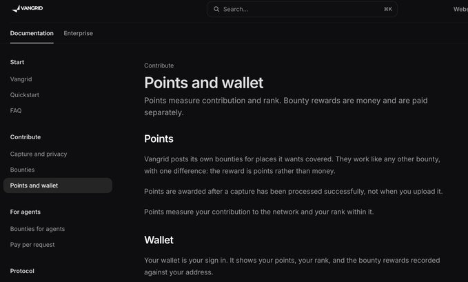 A screenshot of Vangrid documentation page titled 'Points and wallet' explaining how points measure contribution and rank, with bounty rewards paid separately in money.
