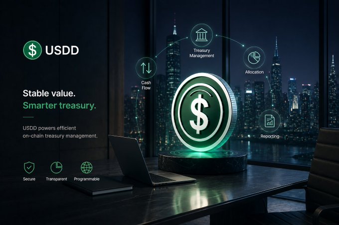 A USDD stablecoin promotional image showing a glowing green dollar coin on an office desk with a city skyline view, featuring the tagline 'Stable value. Smarter treasury.' and icons for Treasury Management, Cash Flow, Allocation, and Reporting.