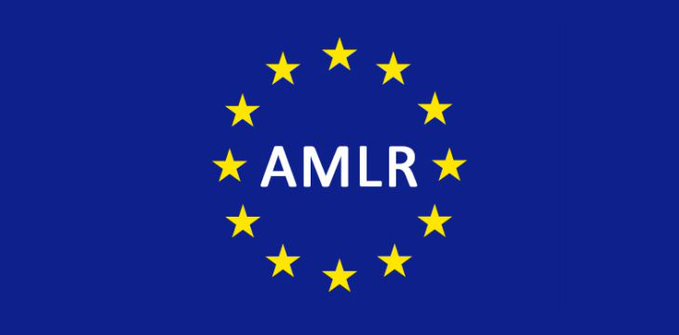 The image displays the EU flag design—a blue background with a circle of yellow stars—with the white text "AMLR" centered inside the star ring. It serves as a visual representation of the European Union's Anti-Money Laundering Regulation referenced in the post, which is set to impose strict thresholds and delist privacy coins like Monero, Zcash, and Dash by 2027.