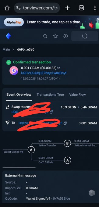 The image shows a confirmed transaction on tonviewer.com displaying a successful swap of 15.9 STON for 5.46 GRAM, executed from Kaduna, Nigeria, which aligns with the post celebrating a swap on @ston_fi as part of the #SwapFromAnyWhere journey.
