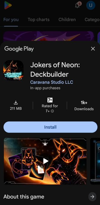 Google Play store page for the mobile game 'Jokers of Neon: Deckbuilder' by Caravana Studio LLC, showing 211 MB size, rated 7+, 1K+ downloads, and an Install button.