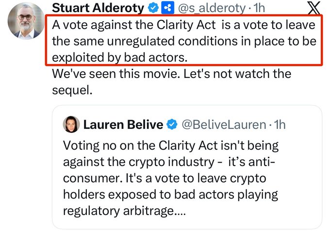 The image shows a tweet from Stuart Alderoty (@s_alderoty) with a highlighted statement: "A vote against the Clarity Act is a vote to leave the same unregulated conditions in place to be exploited by bad actors," accompanied by a quote-tweet from Lauren Belive (@BeliveLauren) discussing anti-consumer implications of voting no on the Clarity Act. The tweet directly corresponds to the accompanying post about Ripple lawyer Stuart Alderoty's warning against voting against the Clarity Act.