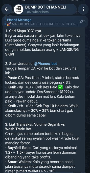A Telegram channel screenshot from 'BUMP BOT CHANNEL!' (1.8K subscribers) displaying crypto trading advice in Indonesian about checking narratives, scanning Jeroans via @Phanes_bot, analyzing transactions, with hashtags like #BUMP and #ALPHAPUMP.