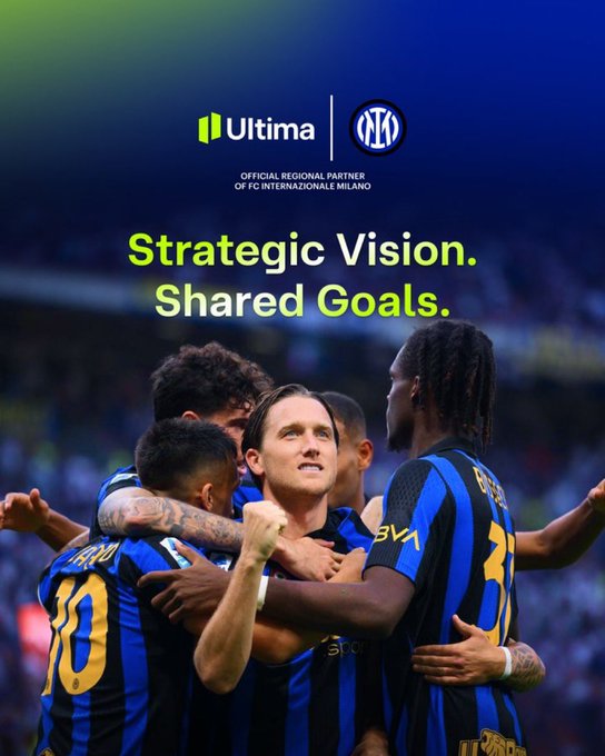 Inter Milan soccer players celebrating in their blue and black striped jerseys, with logos for 'Ultima' and the 'Inter' crest, and text reading 'OFFICIAL REGIONAL PARTNER OF FC INTERNAZIONALE MILANO' and 'Strategic Vision. Shared Goals.'