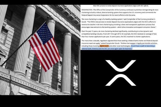 An article discussing the OCC's new FDIC process to review deposit insurance applications alongside a U.S. flag on a building and the XRP cryptocurrency logo, with highlighted text mentioning 'digital assets' and 'a national bank'.