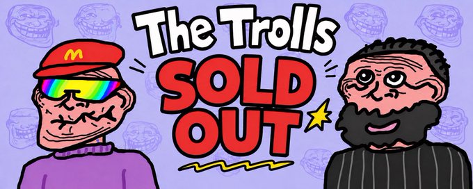 The image features a cartoon illustration of two men wearing sunglasses, with one man wearing a red hat and the other wearing a purple shirt. The background of the image is filled with various shades of purple, creating an artistic and visually appealing scene. The text "The Trolls Sold Out" is written in bold letters at the bottom of the image, indicating that the post has been shared or reposted by someone else.