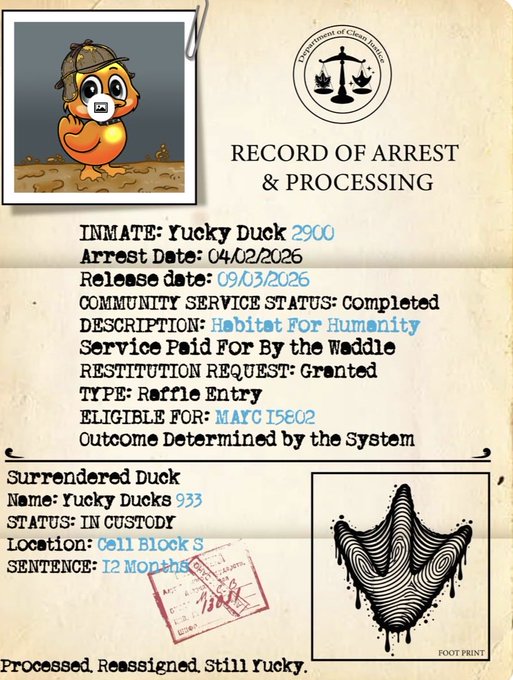 A "Record of Arrest & Processing" document for inmate "Yucky Duck 2900," arrested on 04/02/2026, with a 12-month sentence at Cell Block S for a Raffle Entry offense, featuring an image of a duck wearing a detective hat.