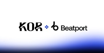 The image displays the logos of "KOR" and "Beatport" side by side with a blue diamond symbol between them, representing their partnership announcement referenced in the post about the collaboration between KorProtocol and Beatport.