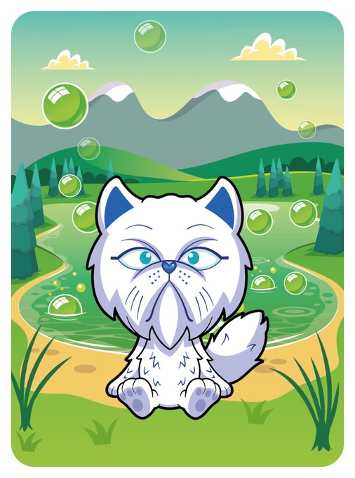 A cartoon illustration of a white cat with blue accents sitting in a green landscape with mountains and floating bubbles.
