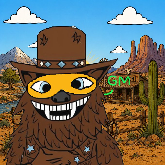 A cartoon coyote character with a cowboy hat and a wide toothy grin stands in a Western desert landscape, with 'GMH' written on a saloon building behind it.
