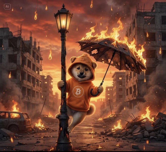 The image shows an AI-generated Shiba Inu dog wearing an orange Bitcoin hoodie, clinging to a streetlamp while holding a burning umbrella amid a fiery, destroyed cityscape with falling fireballs. It visually represents the $DOG community's resilient preparation through chaos, with the Bitcoin logo (₿) highlighting the crypto theme of the post.