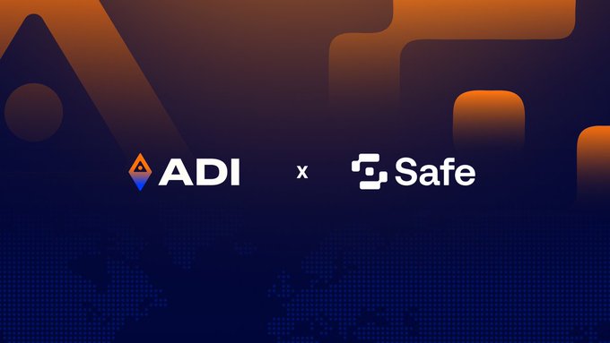 The graphic displays a partnership announcement featuring the "ADI" logo alongside the "Safe" logo, separated by an "x" symbol, set against a dark gradient background with orange accents and geometric shapes. The image visually reinforces the post's announcement that Safe's multisig smart account infrastructure now supports ADI Chain, enabling institutional-grade treasury and asset management operations onchain.