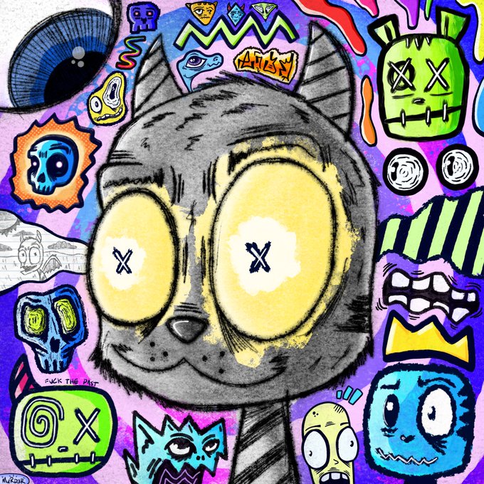 A vibrant, colorful street-art style illustration featuring a central gray cat with large yellow X-shaped eyes surrounded by various doodles including skulls, faces, and abstract characters on a purple background.