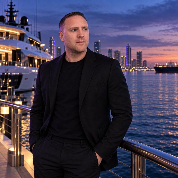 A man in a black blazer and black shirt stands by a waterfront railing at sunset, with a yacht and city skyline visible in the background, fitting the giveaway winner announcement theme of luxury and success.
