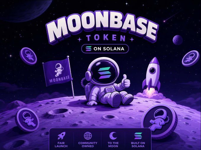 Promotional graphic for "MOONBASE TOKEN ON SOLANA" featuring an astronaut sitting on a moon with Solana logos, highlighting "FAIR LAUNCH," "COMMUNITY OWNED," "TO THE MOON," and "BUILT ON SOLANA."