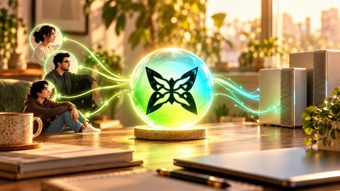 An AI-generated image shows three people connected by glowing green energy lines to a floating green sphere with a butterfly symbol on a desk.