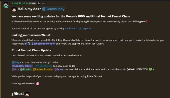 A Discord announcement from Josh (gRitual) details updates to the Genesis 1000 and Ritual Testnet Faucet Chain, noting that 500 agents have been deployed and announcing new role-based access to gift codes for @bitty, @AcademyTrainer + @NodeRunner, and @Ritualist. The accompanying post highlights the advanced role-based logic, granting select members like academy trainers, node runners, and gifting ritualists direct access to claim codes and bypass standard checks, aligning with the "Ritual Testnet Faucet Chain Update" section shown in the image.