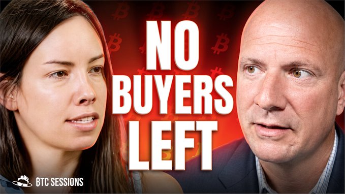 A thumbnail from "BTC Sessions" featuring two people with the bold text "NO BUYERS LEFT" against a red Bitcoin-patterned background, promoting an interview with Luke Gromen and Lyn Alden discussing a looming Treasury market crisis with no remaining buyers, signaling potential yield curve control as the next policy response.