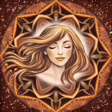 An artistic illustration of a serene woman with flowing golden hair, set within an ornate geometric mandala design.