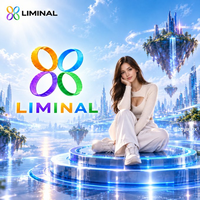 A promotional graphic for 'LIMINAL' featuring a young woman in white clothing sitting on a glowing blue platform in a fantasy cityscape with floating islands, with the handle '@zoya_ux' visible.