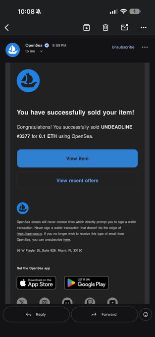 A screenshot of an email from OpenSea confirming a successful sale of an NFT titled "UNDEADLINE #3377" for 0.1 ETH, illustrating the user's excitement about their listings selling.