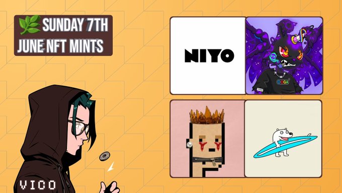 The image features a poster for an event called "Nito NFT mints" that took place on Saturday, July 7th at the June NFT Fairs. The poster includes four different images of characters or logos related to the event. A person wearing glasses is shown in front of a brick wall with a sign reading "Sunday 7th". Another image features a character named "Nito" and another one called "Lagomorphsz", which are both associated with the NFT minting community. The poster also includes information about the event, such as the date, time, and location, along with details about the different characters or logos featured on it.