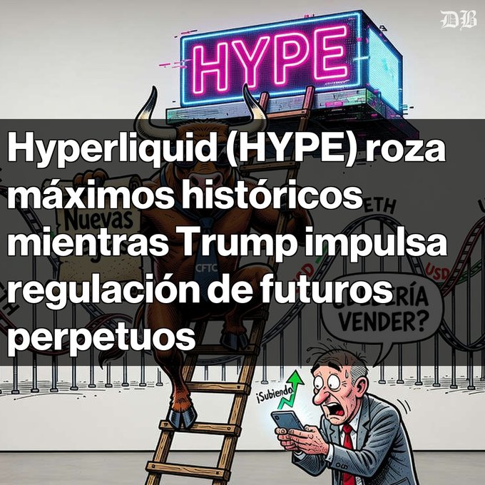 A Spanish-language crypto meme from Diario Bitcoin showing a bull climbing a ladder to a neon 'HYPE' sign, with text reading 'Hyperliquid (HYPE) roza máximos históricos mientras Trump impulsa regulación de futuros perpetuos.'