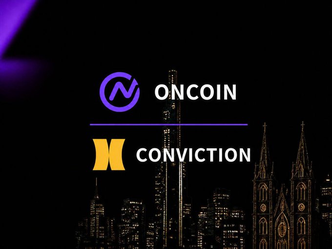 A promotional graphic displaying logos for 'ONCOIN' (in purple) and 'CONVICTION' (in yellow/orange) overlaid on a nighttime cityscape with Gothic-style spires.