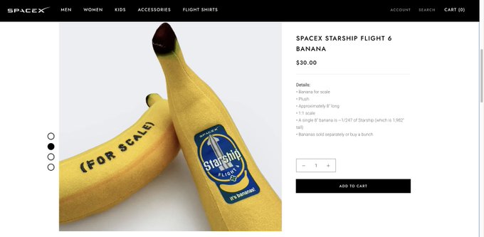 A SpaceX online store page displays a "SpaceX Starship Flight 6 Banana" plush toy priced at $30, featuring details like "Banana for scale," plush material, 1:1 scale, and an approximate weight of 9.5oz, with the banana branded with the Starship Flight 6 mission patch dated "It's Thursday." The image directly illustrates the post's announcement about SpaceX releasing a plush banana—another space-flown meme item—to their official shop.