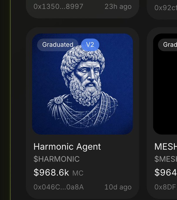 A digital marketplace card shows a bearded classical bust labeled “Harmonic Agent,” with “Graduated,” “V2,” a market cap of $968.6K, and other blockchain-style identifiers.