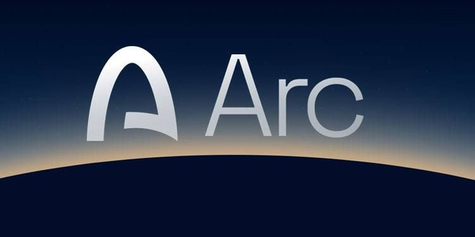 The Arc browser logo displayed against a twilight sky background with a horizon line.
