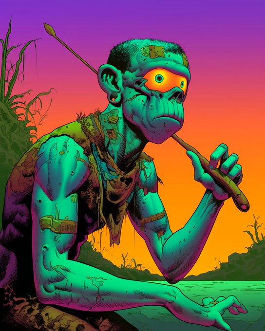 A vibrant, psychedelic digital illustration of a teal-skinned, one-eyed humanoid creature with stitches on its head, holding a spear, set in a colorful landscape with a gradient orange and purple sky.