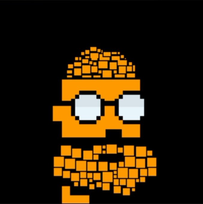 A pixelated, orange, blocky character with large round eyes appears to be breaking apart into scattered cubes against a solid black background.